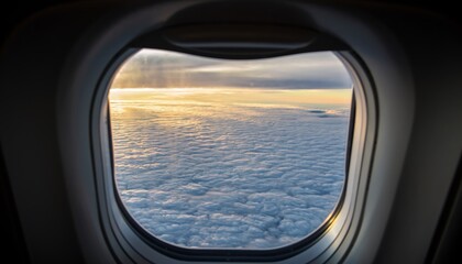 Fototapeta premium Golden Sunrise or Sunset View from Airplane Window Above Clouds