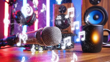 A microphone with abstract light bursts, alongside speakers, headphones, and a mug on a wooden surface