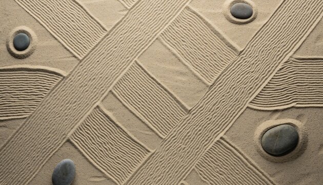 Abstract Zen Garden Raked Sand Pattern with Smooth Stones for Serenity and Balance Background - Powered by Adobe