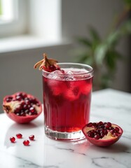 Glass of red drink with ice cubes and pomegranate pieces on marble surface. Refreshing beverage garnished with fruit and served cold. Sweet and tart taste, perfect for summer parties.