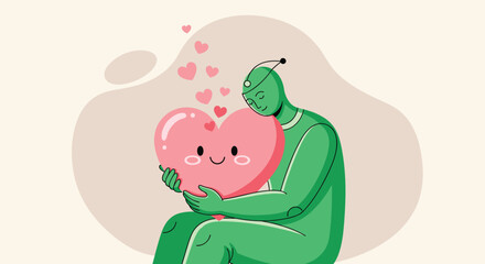 Naklejka premium A cheerful green humanoid figure with closed eyes lovingly embraces a happy pink heart, surrounded by floating smaller hearts, symbolizing warmth and affection.