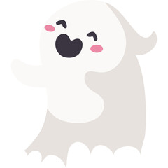 Cute Kawaii Ghost Character with Pink Cheeks and Open Mouth Floats with Joy on Transparent Background