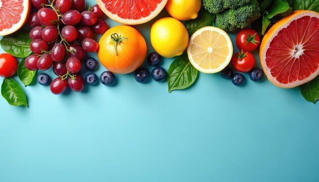 Assorted fresh fruits, vegetables like grapes, blueberries, tomatoes, lemons, oranges, grapefruit, broccoli arranged on vibrant blue background. Collection offers colorful, healthy display for food