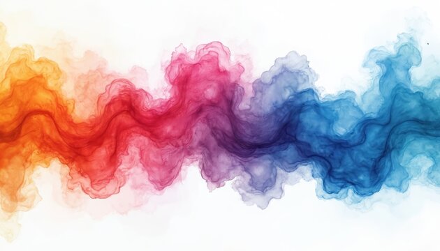 Bright orange red pink and blue watercolor smoke swirls form an abstract pattern on white background. Colorful liquid ink blends with smooth curves for graphic design needs.