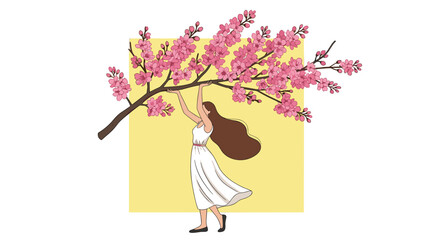 A serene woman in a flowing white dress gently interacts with a branch full of vibrant pink cherry blossoms, evoking the beauty of spring and nature.