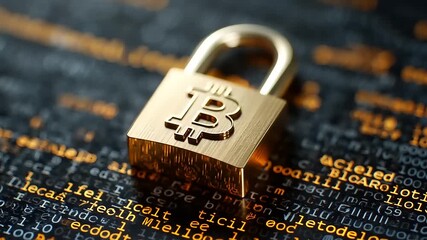 Golden Bitcoin padlock securing digital data on a dark background with binary code patterns - Powered by Adobe