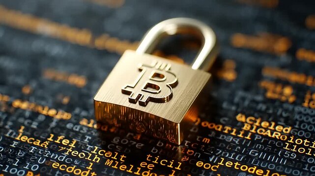 Golden Bitcoin padlock securing digital data on a dark background with binary code patterns
