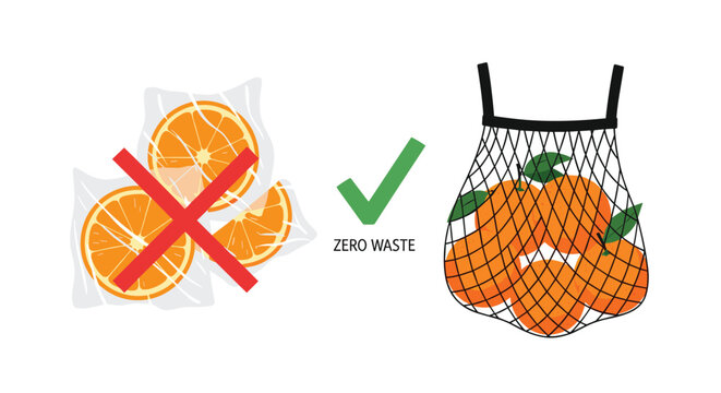 Illustration of a zero waste concept, showing whole oranges in a reusable net bag as a preferred alternative to pre-packaged orange slices in plastic. - Powered by Adobe