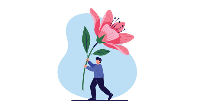 A man carries an oversized pink flower, symbolizing growth, care, or a grand gesture against a simple, light blue background.