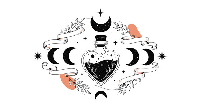 Mystical heart-shaped potion bottle illustration with crescent moons, stars, and foliage, evoking themes of magic and celestial wonder.