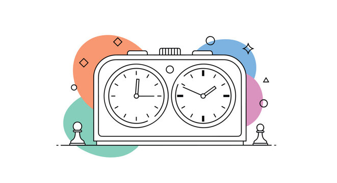 Line art illustration of a classic dual-faced chess clock flanked by two pawn pieces, set against a background of abstract colorful shapes.