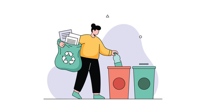 A person responsibly sorts plastic bottles and paper into separate recycling bins, promoting sustainable waste management for a cleaner environment.