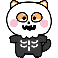 Cute Halloween Cat Character Costume With Skeleton Design And Spooky Fangs On Transparent Background