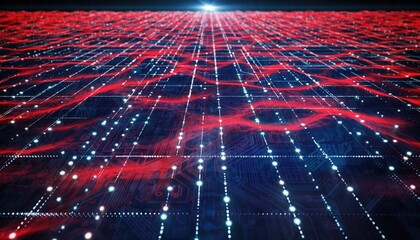Futuristic Digital Network Grid with Glowing Red Data Streams and Blue Circuitry