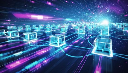 Digital Network of Futuristic Cubes with Data Streams and Starburst Background