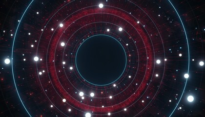 Abstract Digital Network with Concentric Rings and Glowing Orbs on a Dark Background