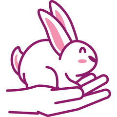 Cute illustration of a white bunny rabbit with pink ears resting on an open hand against a transparent background