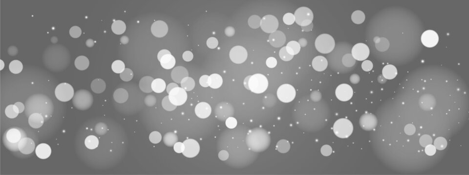 Gray bokeh wallpaper with white light circles and blur background. Abstract texture featuring bright spots, sparkle dots, glowing particles across gradient. Vector effect