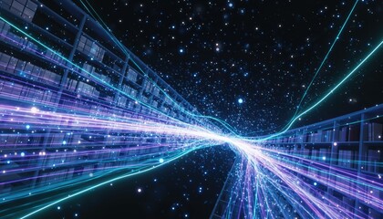 Futuristic Data Stream Flowing Through Digital Architecture Amidst Stars