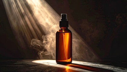 Amber spray bottle bathed in rays of light