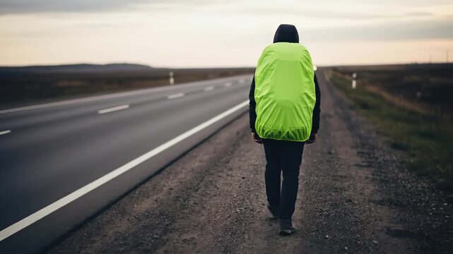 Person with backpack walking on an open road under a cloudy sky
