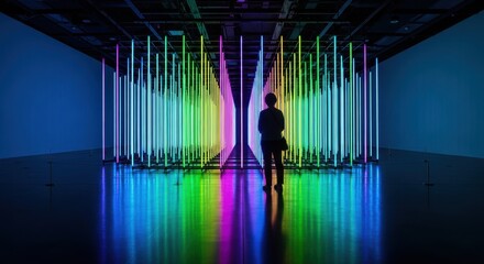 Visitor silhouette observing interactive light installation