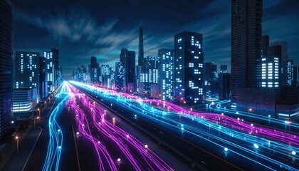 Futuristic Cityscape at Night with Light Trails Representing Data Flow and Connectivity