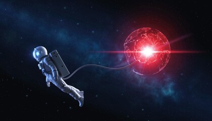 Astronaut Floating in Space Connected to a Glowing Digital Earth Globe