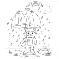 Raccoon M coloring page. Fun animal rainy day alphabet illustration. Cartoon raccoon wearing boots holding an umbrella with the letter M in the rain under a rainbow. Activity sheet for kids