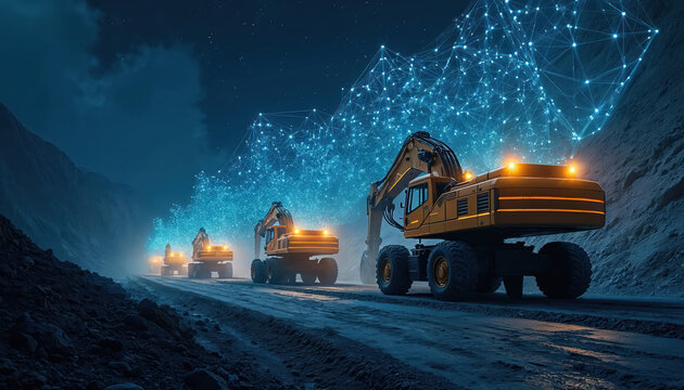 Excavators work in quarry at night. Digital network connects heavy machines. Automated mining operation uses tech for extraction. Blue light illuminates industrial site.