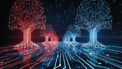 Futuristic Digital Tree Network in Red and Blue Circuitry with Data Streams