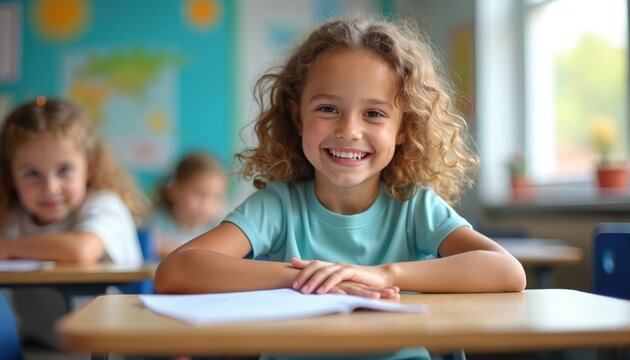 Young girl with curly blonde hair smiles at the camera from her classroom desk. She sits with other students in a bright room. Childhood happiness and learning. - Powered by Adobe