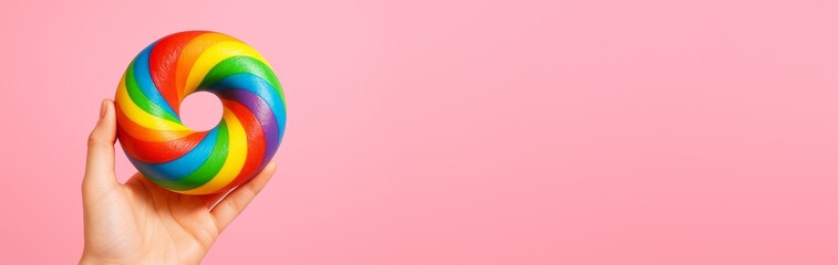 Hand holding a colorful rainbow bagel on pastel pink background with copyspace, showcasing vibrant design and playful food concept mockup. Ai generative