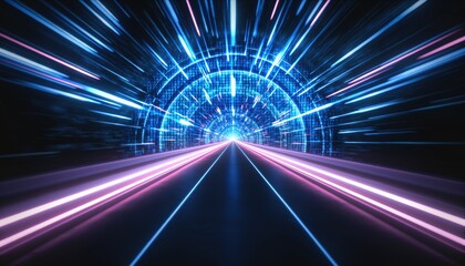 Abstract Digital Tunnel of Binary Code with Speed Streaks, Representing High speed Data Transfer