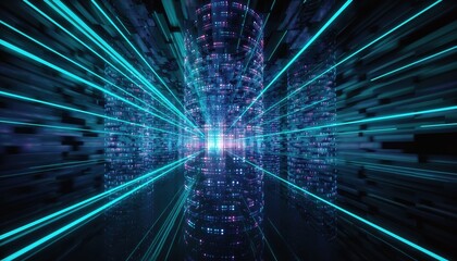 Futuristic Digital Cityscape with Neon Light Trails and Cylindrical Data Structures