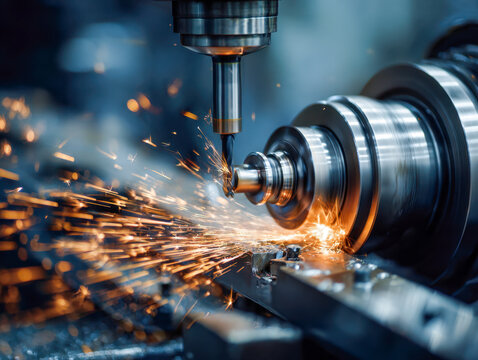 Industrial metalworking process showing sparks flying from a precision milling machine cutting and shaping a spinning metallic component in a factory setting