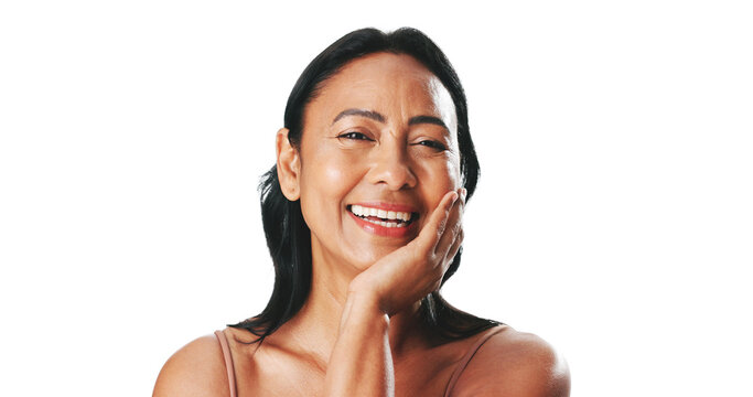 Skincare, portrait or woman in studio with smile, natural or smooth skin in anti aging treatment. Dermatology, touch or mature person on white background for confidence, shine or glow at mockup space