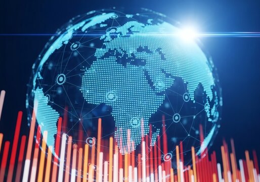 Global Digital Network Connecting Continents with Data Analysis and Financial Growth Concepts