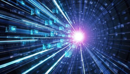 Futuristic Digital Tunnel with Glowing Cubes and Data Streams