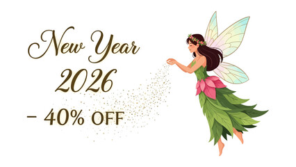 Enchanted New Year Discount: A whimsical illustration showcases the festive spirit with an adorable fairy announcing a discount offer for the upcoming year 2026. Perfect for promotional purposes!