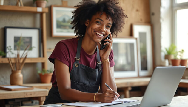 Black woman artisan talks on phone in workshop studio. She smiles, writes notes on paper, works on laptop. Small business owner manages orders, deals with clients.