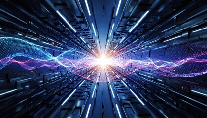 Futuristic Digital Tunnel with Glowing Energy Waves and Light Streaks