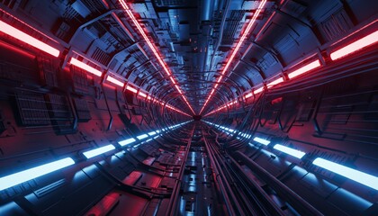 Futuristic Sci fi Tunnel with Red and Blue Neon Lights, Perspective View
