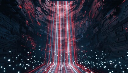 Futuristic Digital Circuit Board Tunnel with Glowing Data Streams and Binary Code