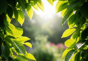 Obraz premium Nature of green leaf in garden at summer. Natural green leaves plants using as spring background cover page greenery environment ecology wallpaper