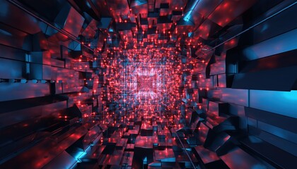 Abstract Digital Tunnel with Red and Blue Geometric Structures and Glowing Lights