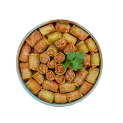 A circular platter filled with deliciously fried spring rolls and appetizers arranged artfully for a festive gathering