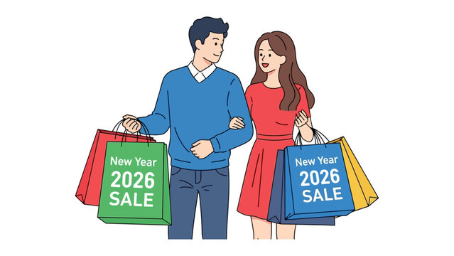 New Year Sale: A couple strolls arm-in-arm, laden with shopping bags emblazoned with New Year 2026 SALE celebrating the joy of shopping and embracing the season of sales.