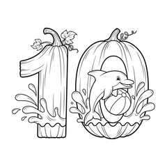 Dolphin 10 coloring page. Cute marine animal pumpkin number illustration. Happy dolphin playing with a ball, splashing next to number 10 shaped like pumpkins. Autumn coloring page for kids