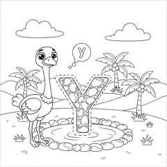 Ostrich Y coloring page. Cute alphabet safari animal illustration. Happy cartoon ostrich standing by a letter Y made of rocks near palm trees and a pond. Fun activity for kids
